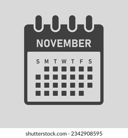 Vector icon calendar month - November. Vector icon illustration flat minimal style. Agenda app of month. Day -Sunday, Monday, Tuesday, Wednesday, Thursday, Friday, Saturday. To do list, reminder
