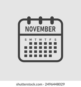 Kalendermonat für Vektorsymbol - November. Vektorsymbol Illustration flach minimalen Stil. Agenda-App des Monats. Tag - Sonntag, Montag, Dienstag, Mittwoch, Donnerstag, Freitag, Samstag. Aufgabenliste, Erinnerung