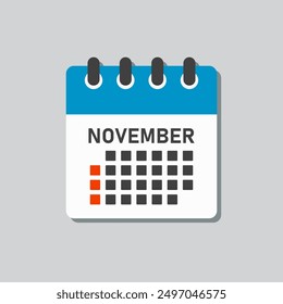Vector icon calendar month - November. Vector icon illustration flat minimal style. Agenda app of month. Day -Sunday, Monday, Tuesday, Wednesday, Thursday, Friday, Saturday. To do list, reminder