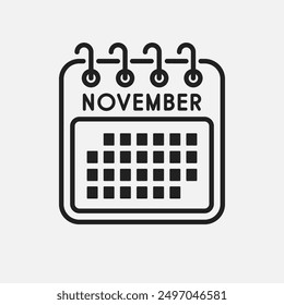 Vector icon calendar month - November. Vector icon illustration flat minimal style. Agenda app of month. Day -Sunday, Monday, Tuesday, Wednesday, Thursday, Friday, Saturday. To do list, reminder