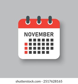Vector icon calendar month - November. Vector icon illustration flat minimal style. Agenda app of month. Day -Sunday, Monday, Tuesday, Wednesday, Thursday, Friday, Saturday. To do list, reminder