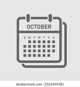 Vector icon calendar month - October. Vector icon illustration flat minimal style. Agenda app of month. Day -Sunday, Monday, Tuesday, Wednesday, Thursday, Friday, Saturday. To do list, reminder