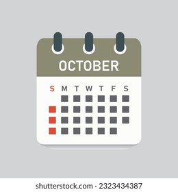 Vector icon calendar month - October. Vector icon illustration flat minimal style. Agenda app of month. Day -Sunday, Monday, Tuesday, Wednesday, Thursday, Friday, Saturday. To do list, reminder