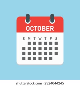Vector icon calendar month - October. Vector icon illustration flat minimal style. Agenda app of month. Day -Sunday, Monday, Tuesday, Wednesday, Thursday, Friday, Saturday. To do list, reminder