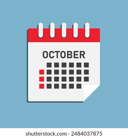 Icono de Vector mes calendario - Octubre. Ilustración de ícono de Vector estilo plano mínimo. Agenda App del mes. Día: Domingo, lunes, martes, miércoles, jueves, viernes, sábado. Lista de tareas pendientes, aviso