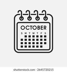 Vector icon calendar month - October. Vector icon illustration flat minimal style. Agenda app of month. Day -Sunday, Monday, Tuesday, Wednesday, Thursday, Friday, Saturday. To do list, reminder