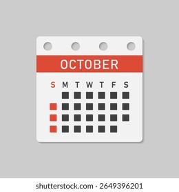 Vector icon calendar month - October. Vector icon illustration flat minimal style. Agenda app of month. Day -Sunday, Monday, Tuesday, Wednesday, Thursday, Friday, Saturday. To do list, reminder
