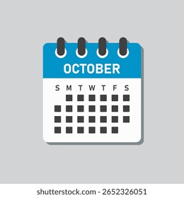 Vector icon calendar month - October. Vector icon illustration flat minimal style. Agenda app of month. Day -Sunday, Monday, Tuesday, Wednesday, Thursday, Friday, Saturday. To do list, reminder
