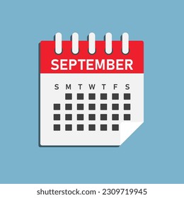 Vector icon calendar month - September. Vector icon illustration flat minimal style. Agenda app of month. Day -Sunday, Monday, Tuesday, Wednesday, Thursday, Friday, Saturday. To do list, reminder