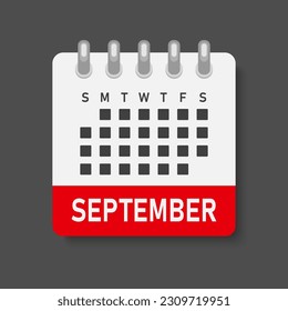 Vector icon calendar month - September. Vector icon illustration flat minimal style. Agenda app of month. Day -Sunday, Monday, Tuesday, Wednesday, Thursday, Friday, Saturday. To do list, reminder