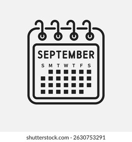 Vector icon calendar month - September. Vector icon illustration flat minimal style. Agenda app of month. Day -Sunday, Monday, Tuesday, Wednesday, Thursday, Friday, Saturday. To do list, reminder