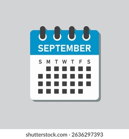 Vector icon calendar month - September. Vector icon illustration flat minimal style. Agenda app of month. Day -Sunday, Monday, Tuesday, Wednesday, Thursday, Friday, Saturday. To do list, reminder
