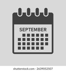 Vector icon calendar month - September. Vector icon illustration flat minimal style. Agenda app of month. Day -Sunday, Monday, Tuesday, Wednesday, Thursday, Friday, Saturday. To do list, reminder