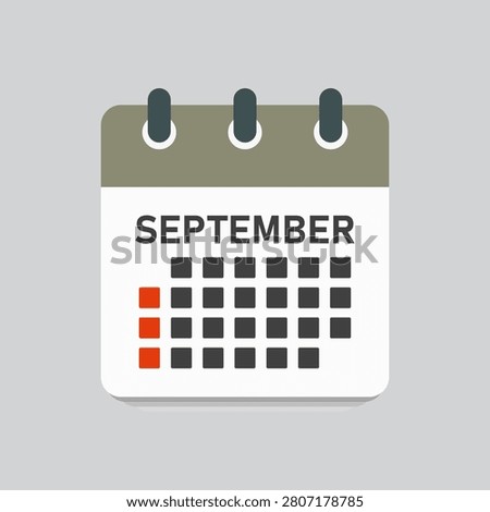 Vector icon calendar month - September. Vector icon illustration flat minimal style. Agenda app of month. Day -Sunday, Monday, Tuesday, Wednesday, Thursday, Friday, Saturday. To do list, reminder