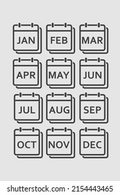 Vector icon calendar months of year. January, February, March, April, May, June, July, August, September, October, November and December page. Date day of month icon illustration flat style