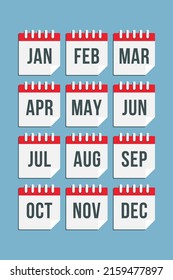 Vector icon calendar months of year. January, February, March, April, May, June, July, August, September, October, November and December page. Date day of month icon illustration flat style