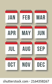 Vector icon calendar months of year. January, February, March, April, May, June, July, August, September, October, November and December page. Date day of month icon illustration flat style