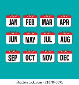 Vector icon calendar months of year. January, February, March, April, May, June, July, August, September, October, November and December page. Date day of month icon illustration flat style.