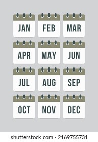 Vector icon calendar months of year. January, February, March, April, May, June, July, August, September, October, November and December page. Date day of month icon illustration flat style