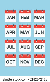 Vector icon calendar months of year. January, February, March, April, May, June, July, August, September, October, November and December page. Date day of month icon illustration flat style