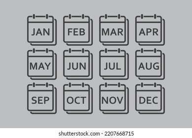Vektorsymbol Kalendermonate des Jahres. Januar, Februar, März, April, Mai, Juni, Juli, August, September, Oktober, November und Dezember Seite. Tag des Monats Icon Illustration flach