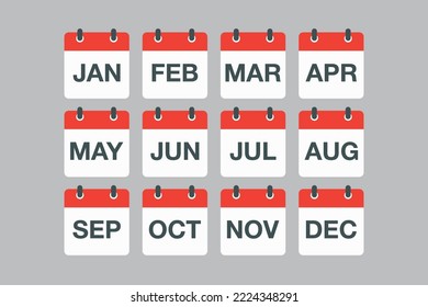 Vector icon calendar months of year. January, February, March, April, May, June, July, August, September, October, November and December page. Date day of month icon illustration flat style