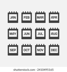 Vector icon calendar months of year. January, February, March, April, May, June, July, August, September, October, November and December page. Date day of month icon illustration flat style