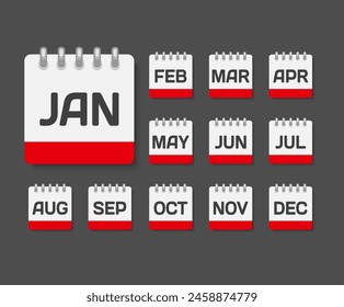 Vector icon calendar months of year. January, February, March, April, May, June, July, August, September, October, November and December page. Date day of month icon illustration flat style