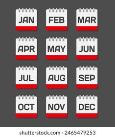 Vector icon calendar months of year. January, February, March, April, May, June, July, August, September, October, November and December page. Date day of month icon illustration flat style