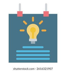 A vector icon of a calendar page with a lightbulb radiating light, symbolizing an idea or innovation on a schedule. This illustration is great for business