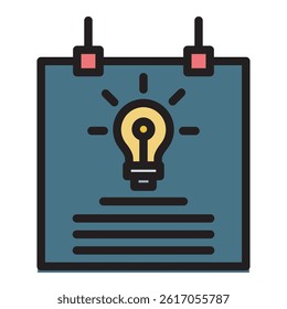 A vector icon of a calendar page with a lightbulb radiating light, symbolizing an idea or innovation on a schedule. This illustration is great for business.