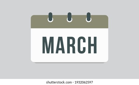  Vector icon calendar page spring month - March. Rectangle sign of the season. Vector icon illustration. Date day of month Sunday, Monday, Tuesday, Wednesday, Thursday, Friday, Saturday. Holidays date