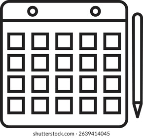 Vector icon of a calendar with a pen next to it, illustrating a month view with empty date squares. Rendered in a clean, minimal outline style. Ideal for representing scheduling, planning.