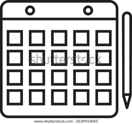 Vector icon of a calendar with a pen next to it, illustrating a month view with empty date squares. Rendered in a clean, minimal outline style. Ideal for representing scheduling, planning.