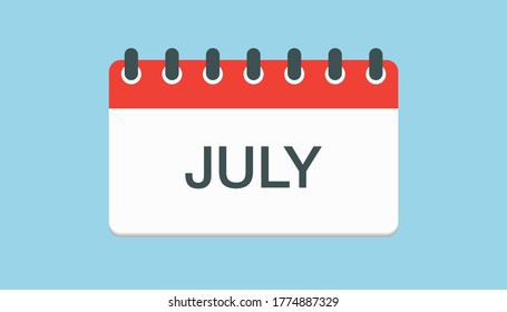 Vector icon calendar summer month - July. Sign of the year. Vector icon illustration flat style. Date day of month Sunday, Monday, Tuesday, Wednesday, Thursday, Friday, Saturday. Holidays date.