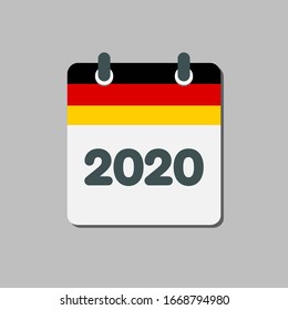 Vector icon calendar year - 2020. Year in country Germany. Symbol of the country - flag. Vector illustration flat style. Date day of month. Annual date, meeting, plan, deadline, appointment.
