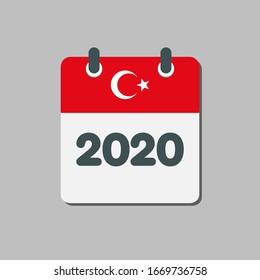 Vector icon calendar year - 2020. Year in country Turkey. Symbol of the country - flag. Vector illustration flat style. Date day of month. Annual date, meeting, plan, deadline, appointment.