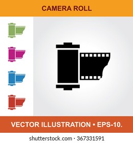 Vector Icon Of Camera Roll With Title & Small Multicolored Icons. Eps-10.