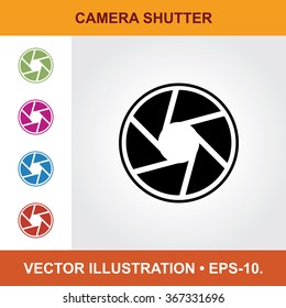 Vector Icon Of Camera Shutter With Title & Small Multicolored Icons. Eps-10.