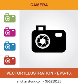 Vector Icon Of Camera With Title & Small Multicolored Icons. Eps-10.