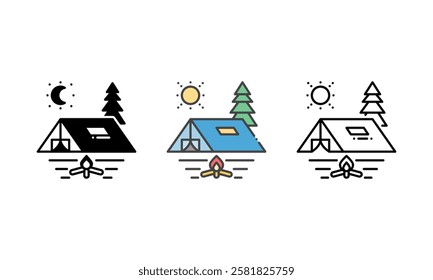 Vector icon of a camping scene with a tent, trees, a sun, and a campfire, symbolizing outdoor adventure and the hobby of camping. Outline, Glyph and Filled Outline Style