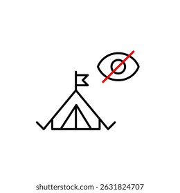 Vector icon of camping tent with crossed-out eye, symbolizing hidden campsite, private retreat, or secluded outdoor stay. Ideal for travel apps, camping platforms, and privacy-focused services