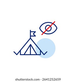 Vector icon of camping tent with crossed-out eye, symbolizing hidden campsite, private retreat, or secluded outdoor stay. Ideal for travel apps, camping platforms, and privacy services