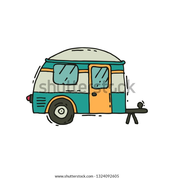 Vector icon of camping\
trailer in doodle style. Road trip. Mobile home on wheels. Tourism\
and journey theme
