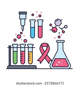 Vector icon Cancer research laboratory with test tubes and ribbon