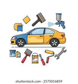 Vector icon: Car body repair with sanding and painting tools on a white background