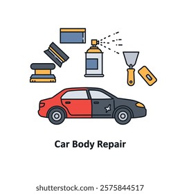 Vector icon Car body repair with sanding and painting tools on a white background