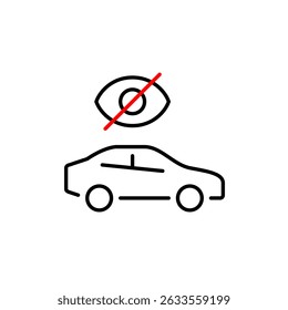 Vector icon of car with crossed-out eye, symbolizing private car hire, hidden booking status, or invisible rental details. Ideal for car rental apps, booking platforms, and privacy-focused services