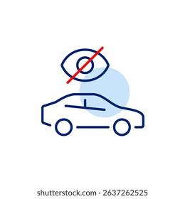 Vector icon of car with crossed-out eye, symbolizing private car hire, hidden booking status, or invisible rental details. Ideal for car rental apps, booking platforms, and privacy-focused services