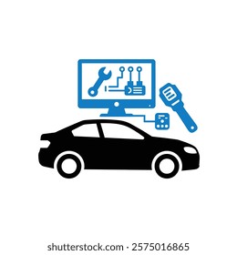 Vector icon of Car diagnostics with a computer and diagnostic tools on a white background